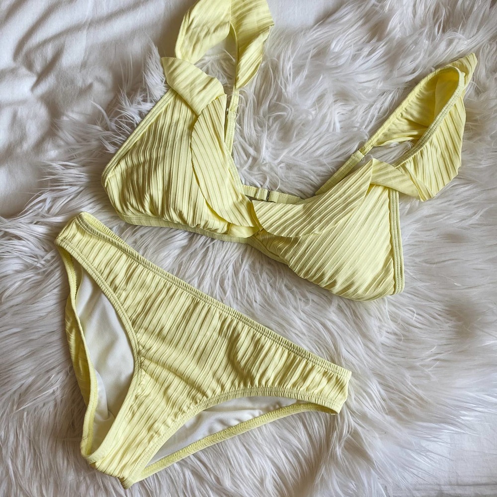 Pastel Yellow Ribbed Ruffle Bust Bikini - Picture 4 of 10
